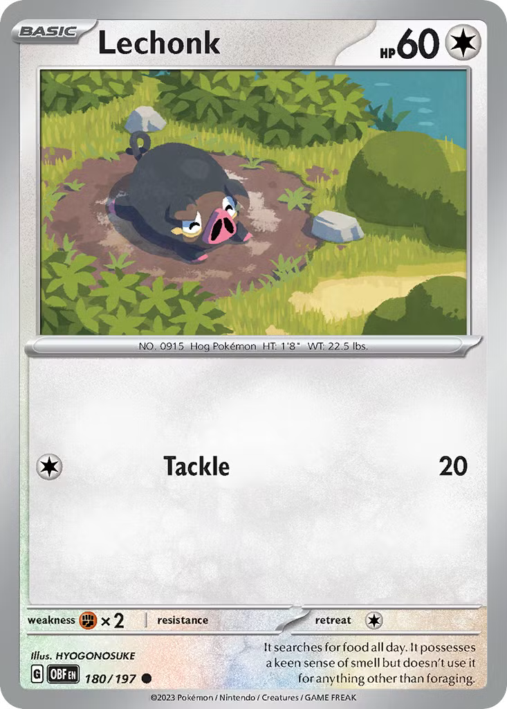 The Lechonk 180/197 Pokémon card from Obsidian Flames