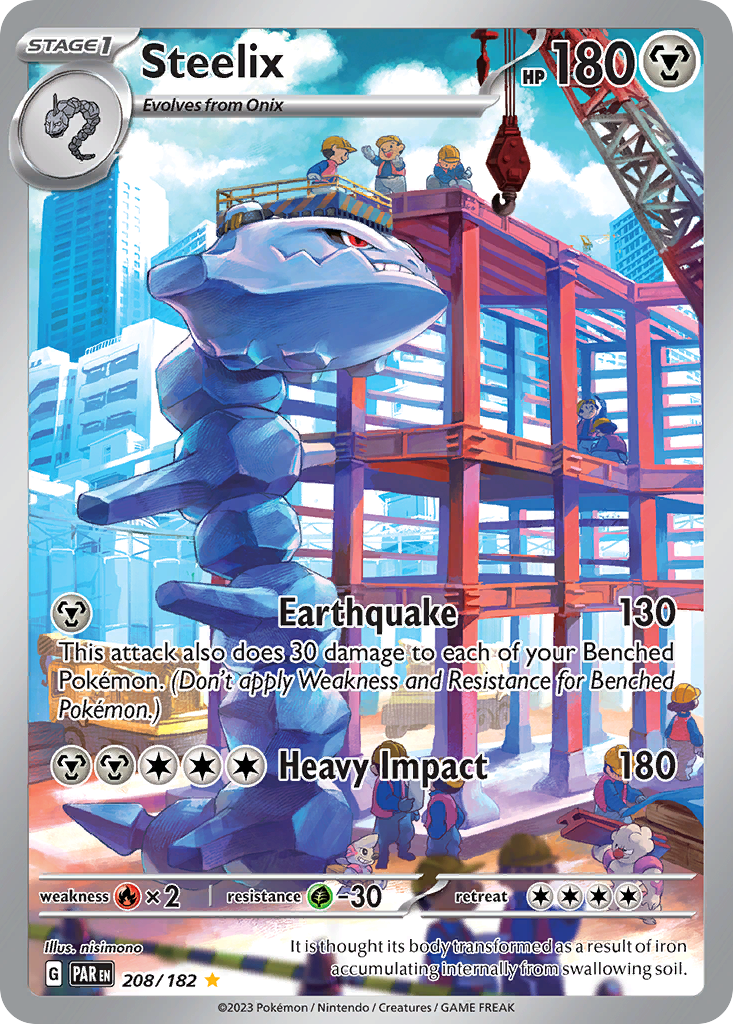 The Steelix 208/182 Pokémon card from Paradox Rift